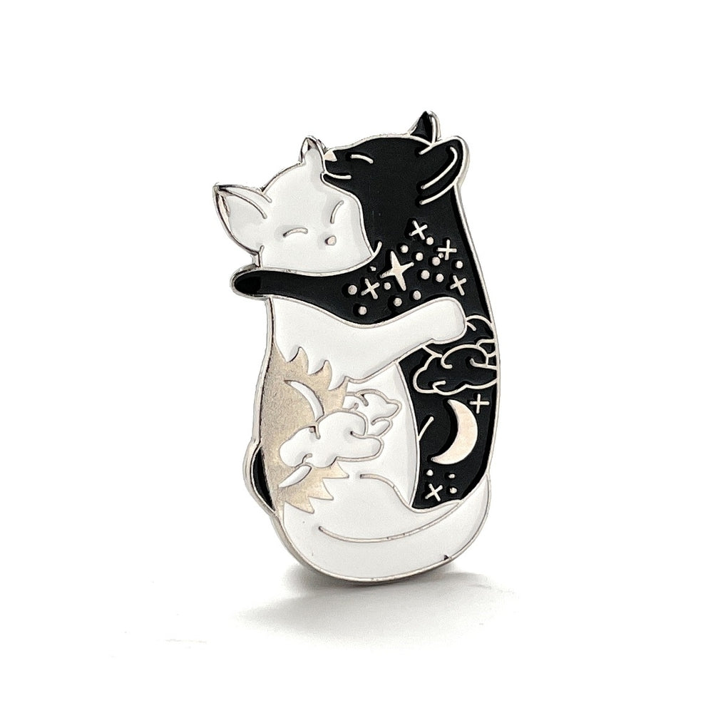 Crazy Cat Lovers Pin Black and White Enamel Pin Yin Yang Intertwine Love Lanyard Pin Silver Rhodium Platted Name Badge Image 2