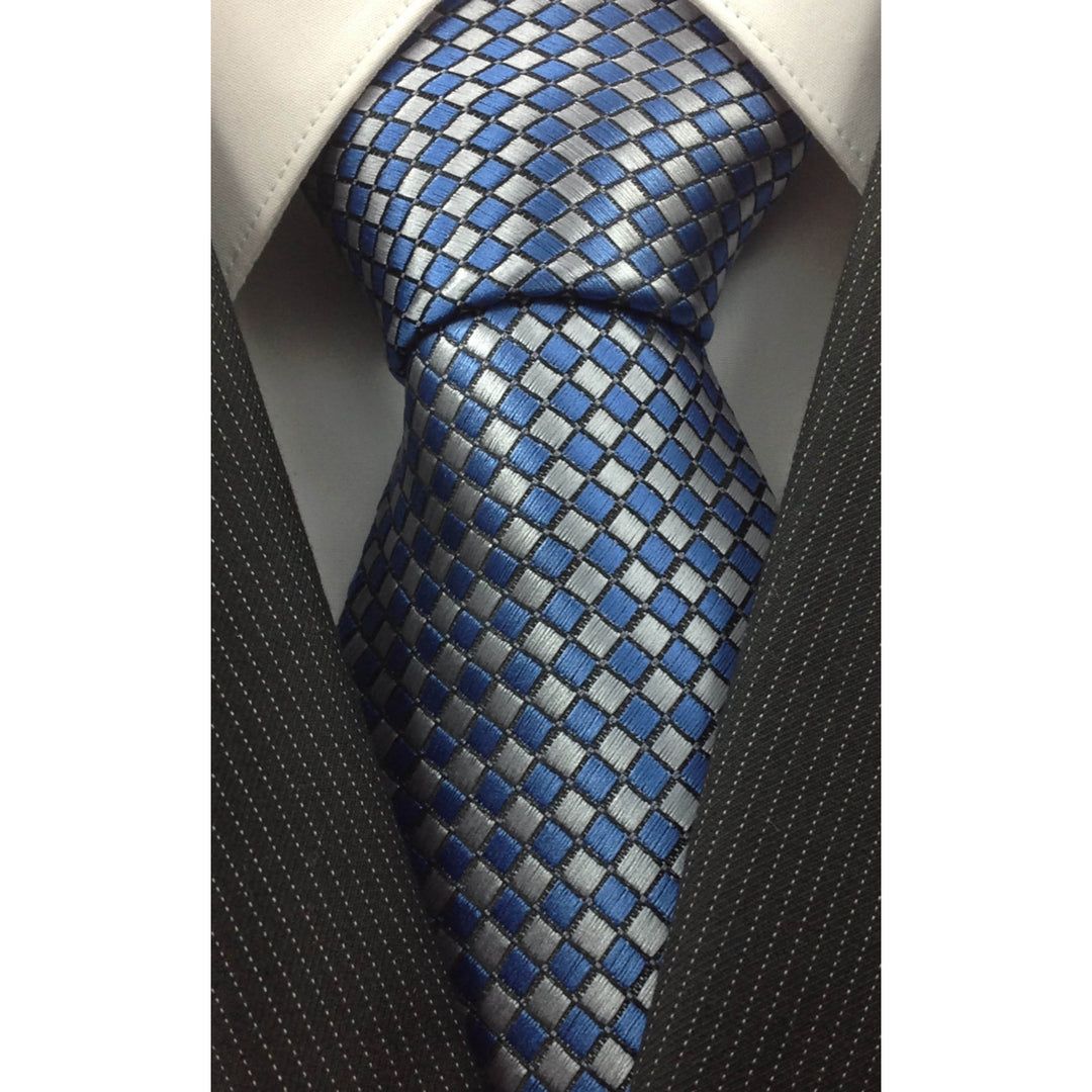 Men's Necktie Silk Tie Blue Squares Silk Tie Hand Made Executive Pro Design Birthday Christmas Valentine's Gift Wedding Image 2
