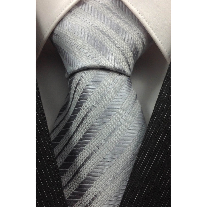 Mens Necktie Silk Tie Silver Stripes Silk Tie Hand Made Executive Pro Design Birthday Christmas Valentines Gift Wedding Image 2