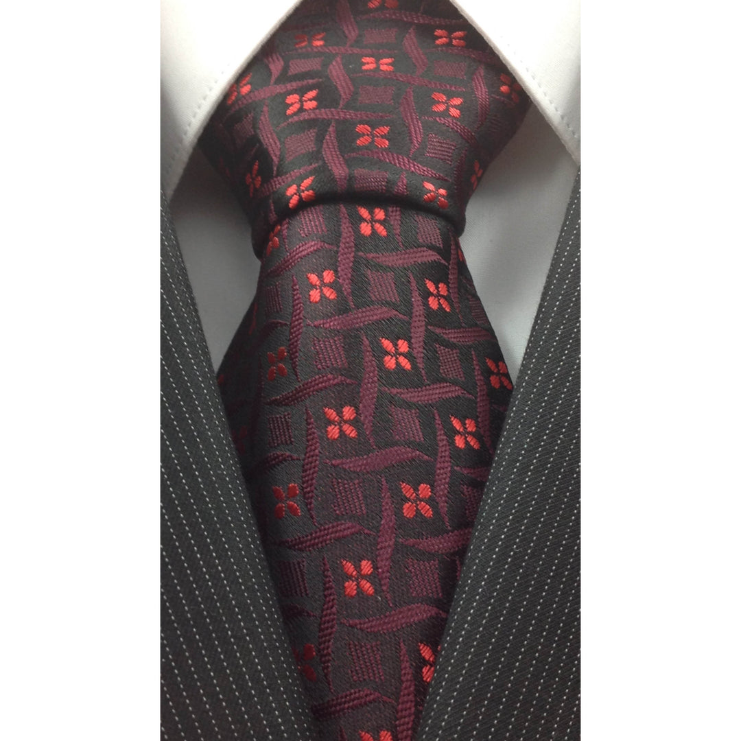 Mens Necktie Silk Tie Black Red Flower Silk Tie Hand Made Executive Pro Design Birthday Christmas Valentines Gift Image 2