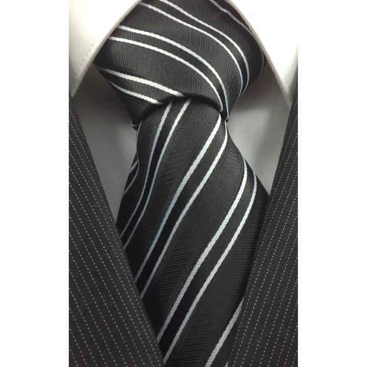 Mens Necktie Silk Tie Black Charcoal White Stripes Silk Tie Hand Made Executive Pro Design Birthday Christmas Valentines Image 2