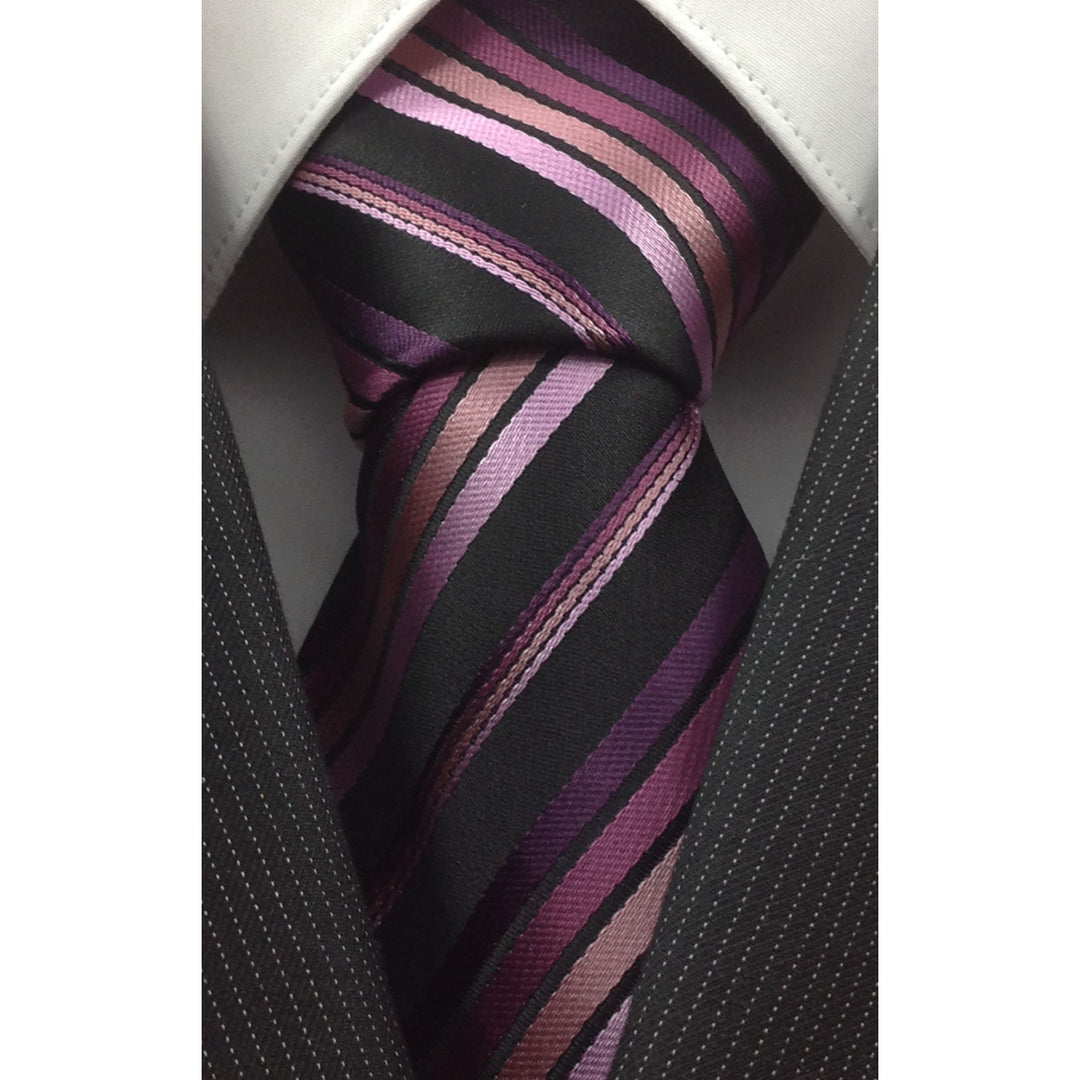 Mens Necktie Silk Tie Black Shades of Purple Stripes Silk Tie Hand Made Executive Design Birthday Christmas Valentines Image 2