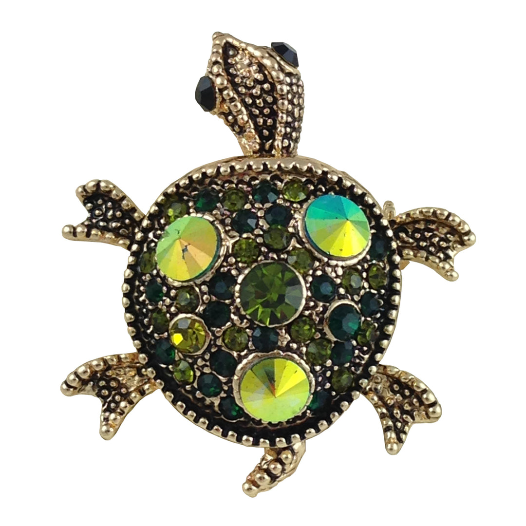 Sea Turtle Brooch Tropical Turtle Lapel Pin 3D Ocean Antique Gold Rhodium Black Eyes Crystals Gemstones Unique Cool Image 1