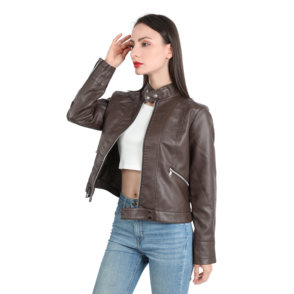 Spring Autumn Fashion Women PU Leather Cycling Coat European Size Outerwear Zipper Short Thin Jacket Image 2
