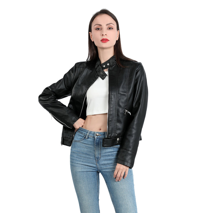 Spring Autumn Fashion Women PU Leather Cycling Coat European Size Outerwear Zipper Short Thin Jacket Image 1