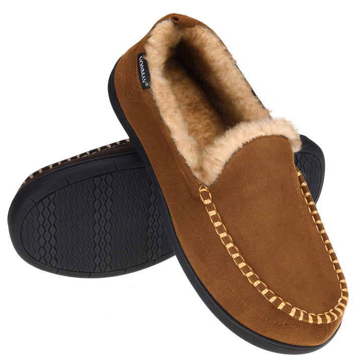 VONMAY Mens Moccasin Slippers Warm Faux faux Memory Foam Indoor Outdoor Non-Slip Image 1