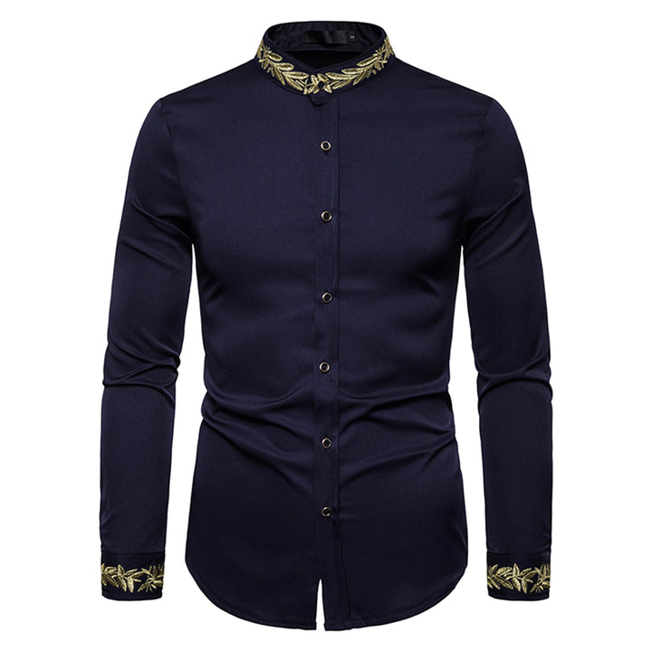 Chemise Homme Spring Royal Court Style Solid Floral Embroidered Solid Dress Shirts Slim Fit Casual Long Sleeve Shirts Image 4