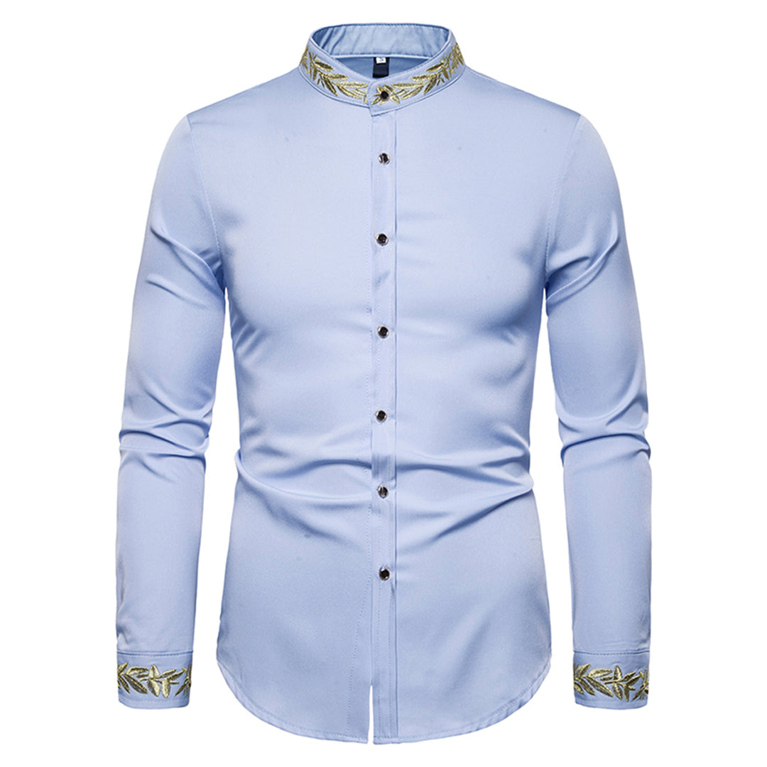 Chemise Homme Spring Royal Court Style Solid Floral Embroidered Solid Dress Shirts Slim Fit Casual Long Sleeve Shirts Image 1