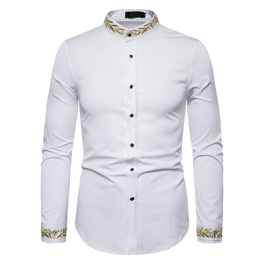 Chemise Homme Spring Royal Court Style Solid Floral Embroidered Solid Dress Shirts Slim Fit Casual Long Sleeve Shirts Image 1