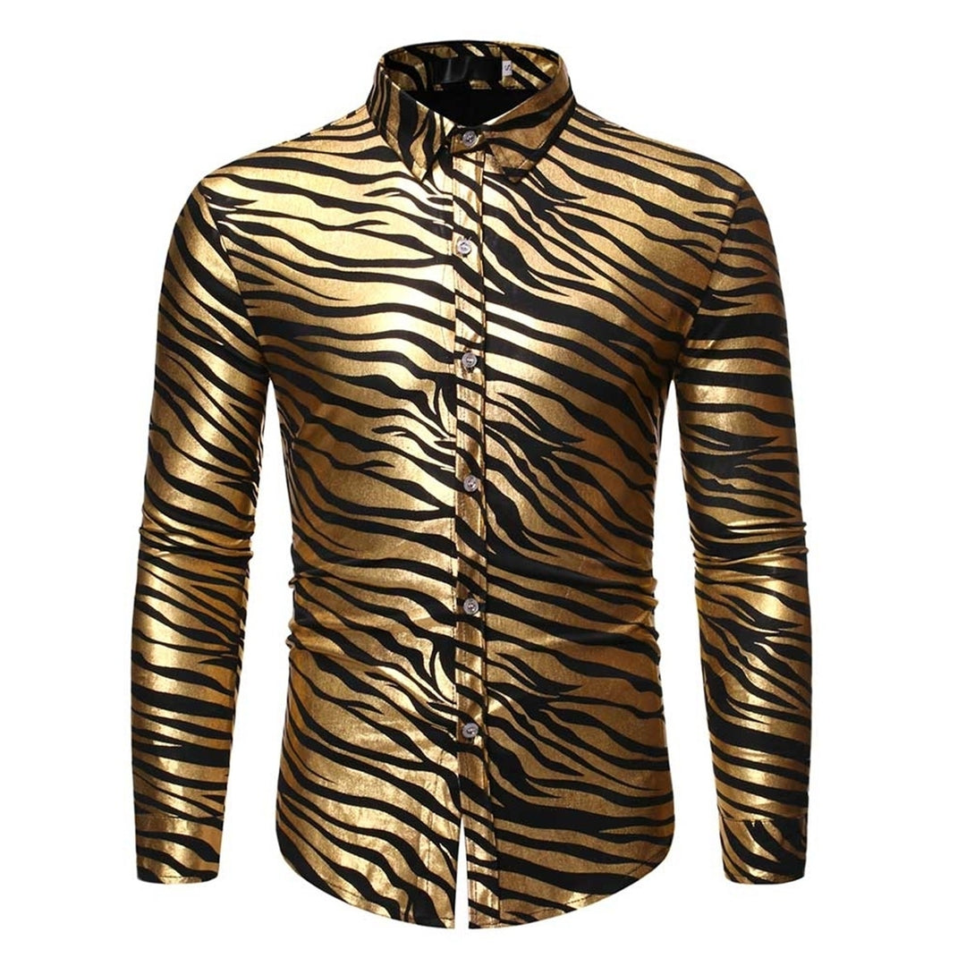 Mens Metallic Gold Zebra Print Disco Shirt Brand  Slim Fit Long Sleeve Mens Dress Shirts Party Prom Stage Chemise Image 1