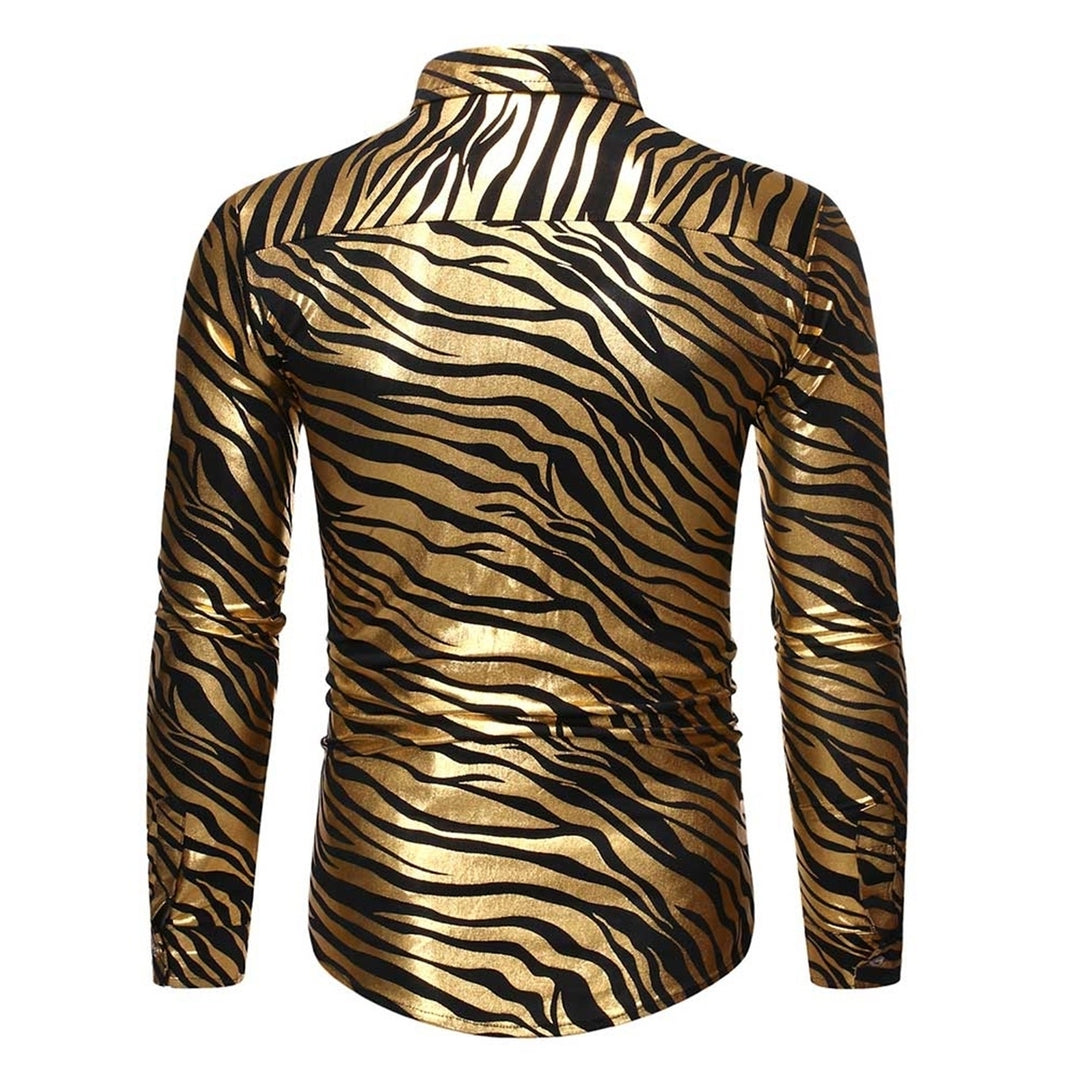 Mens Metallic Gold Zebra Print Disco Shirt Brand  Slim Fit Long Sleeve Mens Dress Shirts Party Prom Stage Chemise Image 2