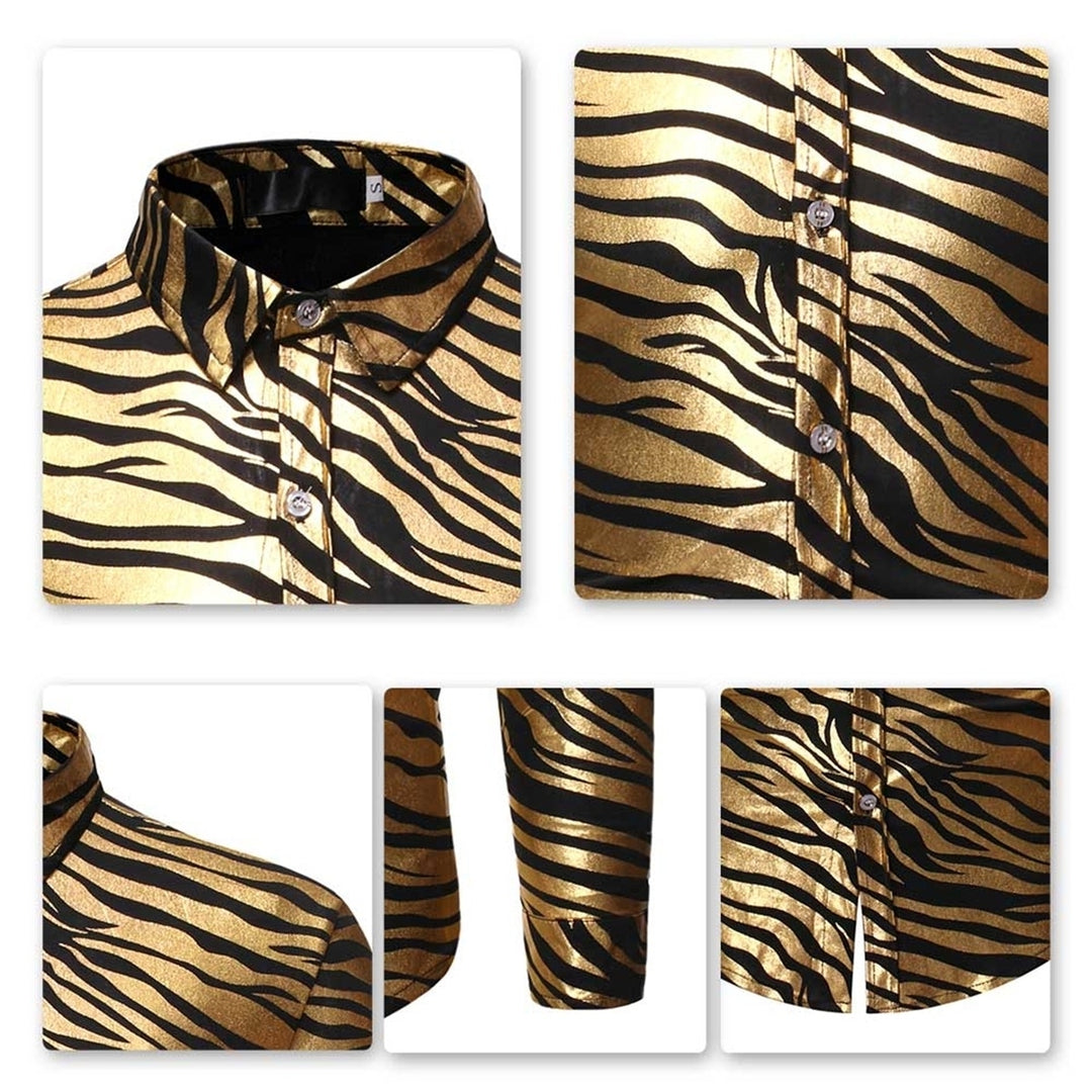 Mens Metallic Gold Zebra Print Disco Shirt Brand  Slim Fit Long Sleeve Mens Dress Shirts Party Prom Stage Chemise Image 3