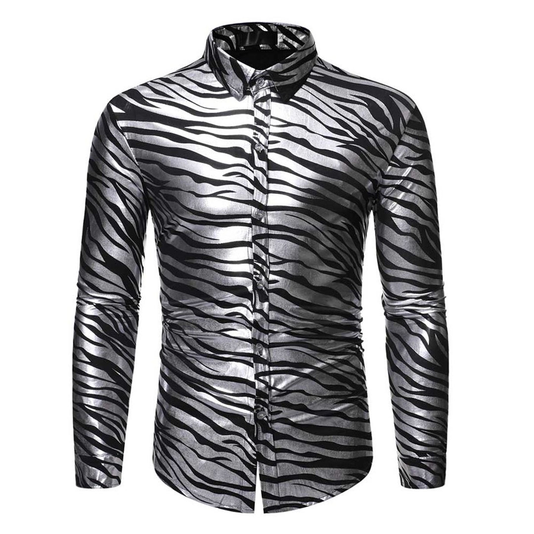 Mens Metallic Gold Zebra Print Disco Shirt Brand Slim Fit Long Sleeve Mens Dress Shirts Party Prom Stage Chemise Image 1