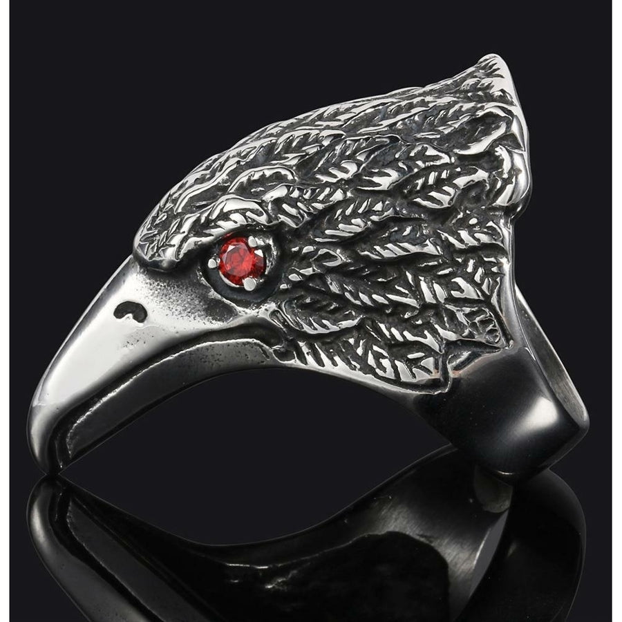 EAGLE HEAD RED CRYSTAL EYES STAINLESS STEEL RING size 9 silver metal S-530 biker Image 1