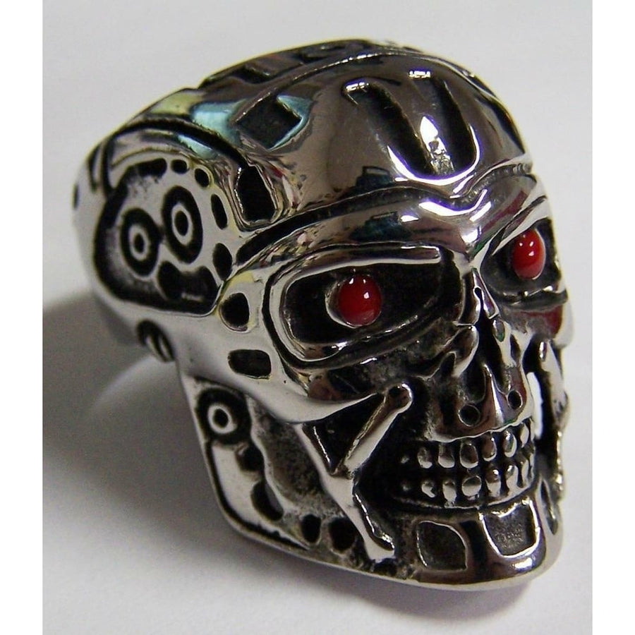ROBOT SKULL HEAD W RED EYES STAINLESS STEEL RING size10 silver metal S-527 biker Image 1