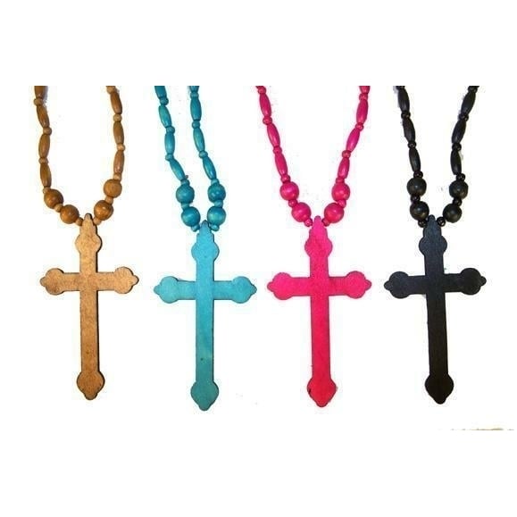 6 LG ASST COLOR WOODEN 5 IN CROSS NECKLACE  car mirror decoration WOOD JEWELRY Image 1