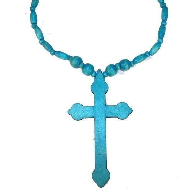 LARGE 5 INCH BLUE WOODEN CROSS NECKLACE  car mirror decoration WOOD JEWELRY Image 1