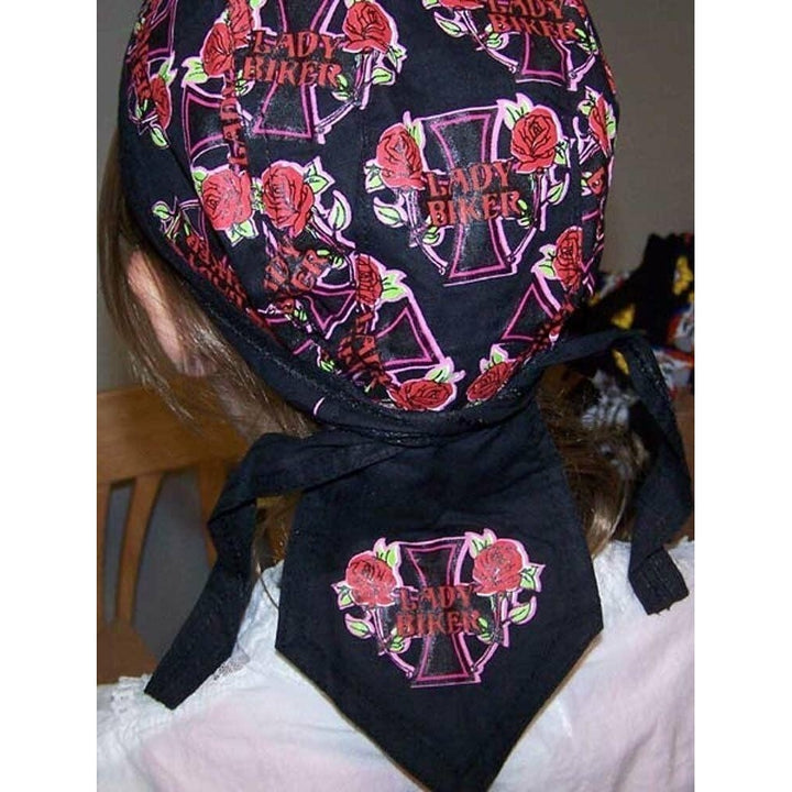 12 LADY BIKER BANDANNA CAPS 200  WOMAN hat LADIES skull cap durag roses cross Image 2