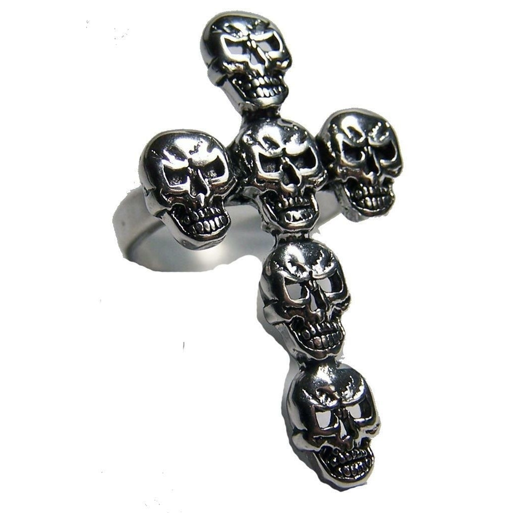 Quality LARGE CROSS WITH SKULL HEADS BIKER RING BR154 mens fashion jewelry Image 1