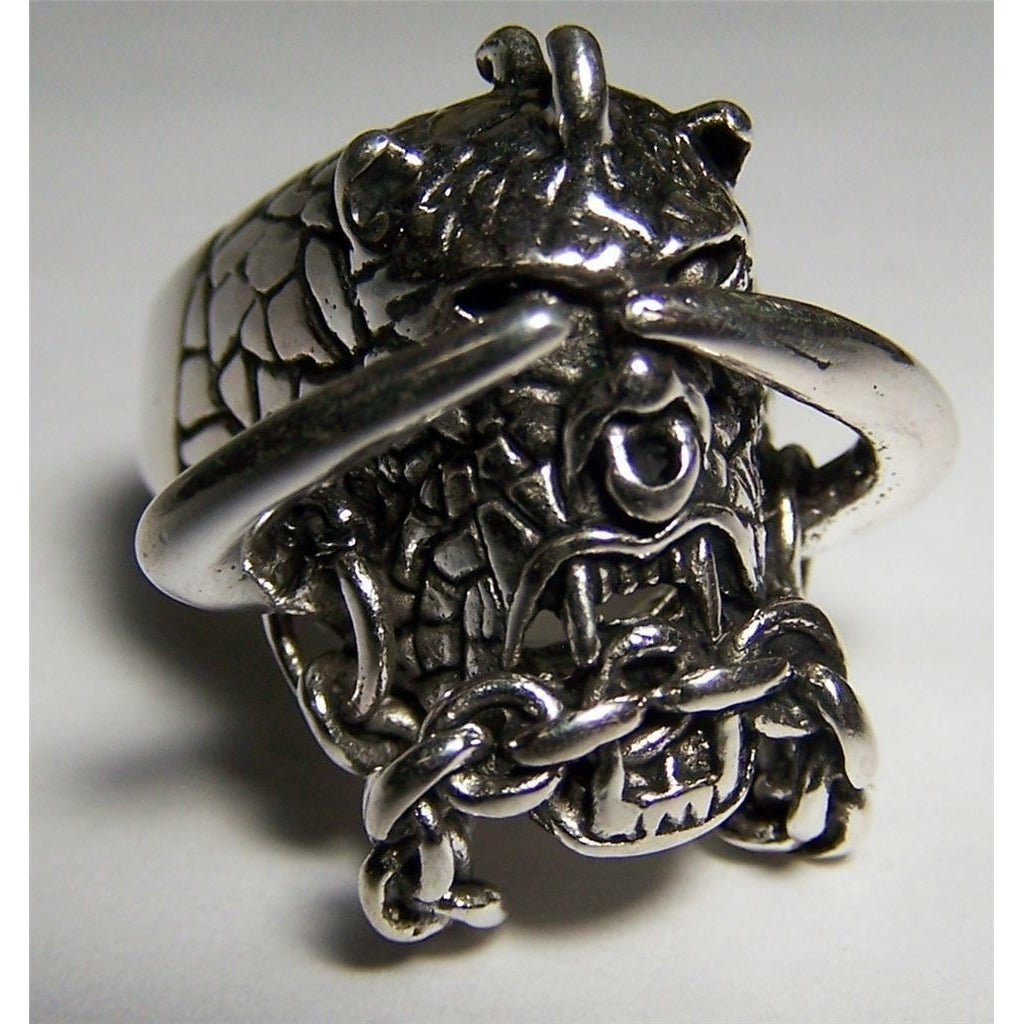 Quality MONSTER CHAINED SKULL W HORNS RING 17 jewelry unisex MENS womens BIKER Image 1