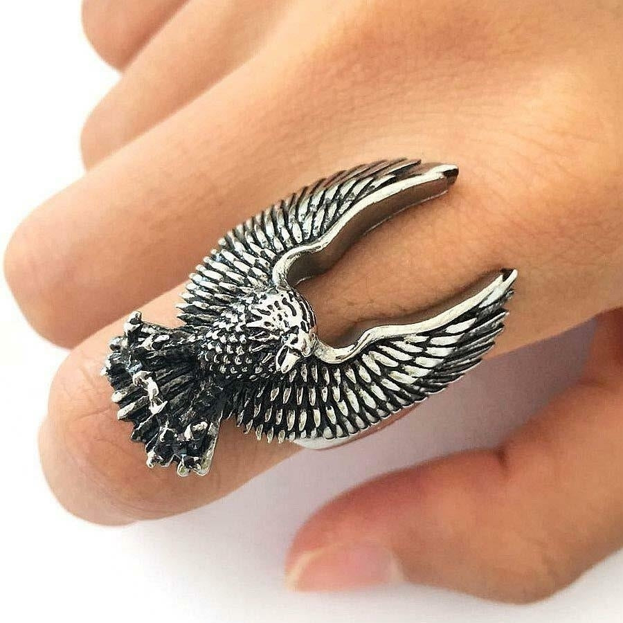 LARGE EAGLE WINGS UP STAINLESS STEEL RING size 13 - S-553 biker MEN women eagles Image 1