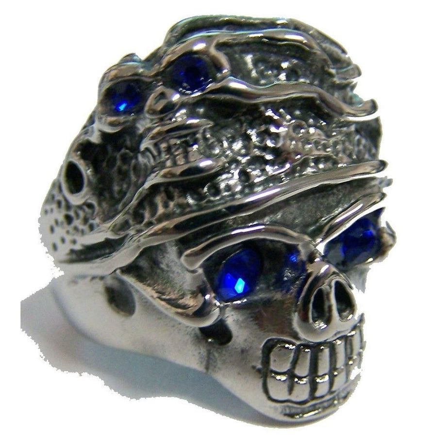 CRYSTAL BLUE EYES SKULL HEAD HAT STAINLESS STEEL RING size 8 silver S-533 biker Image 1