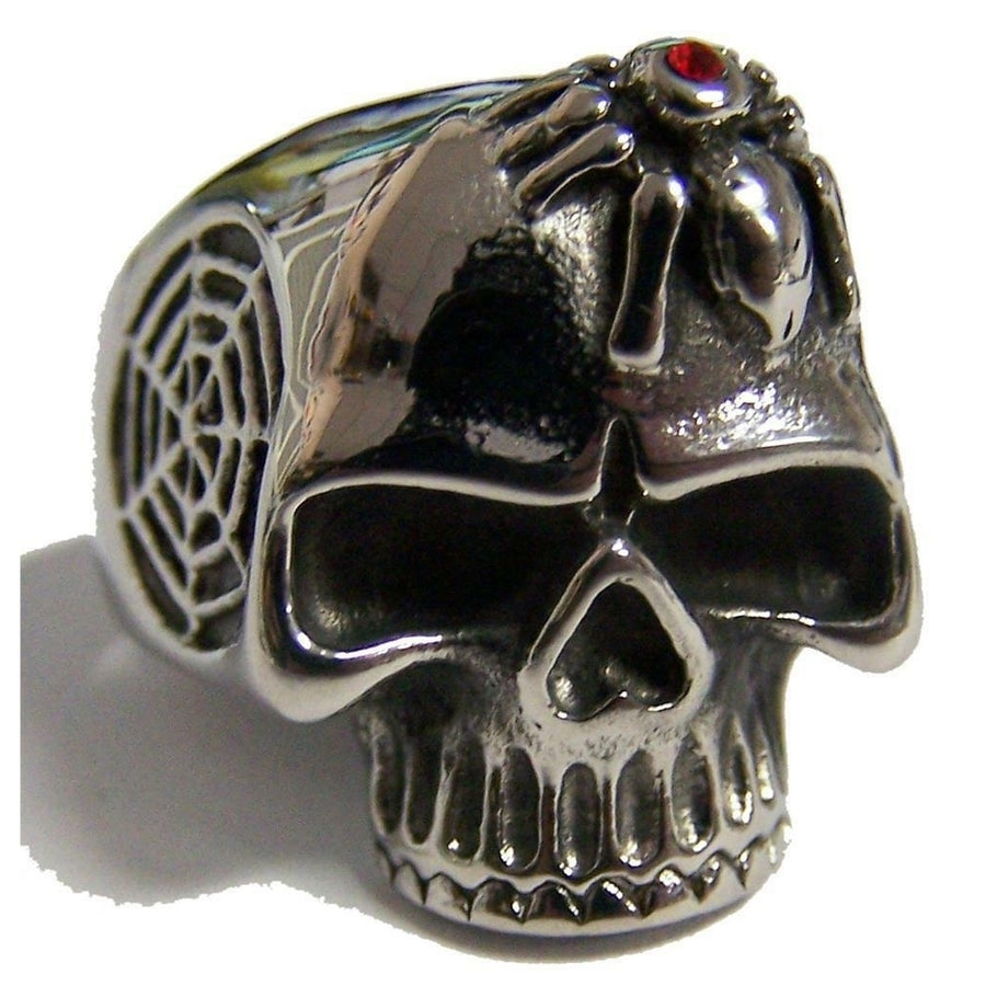 SKULL HEAD WITH SPIDER AND WEB STAINLESS STEEL RING size 13 - S-538 biker  MENS Image 1