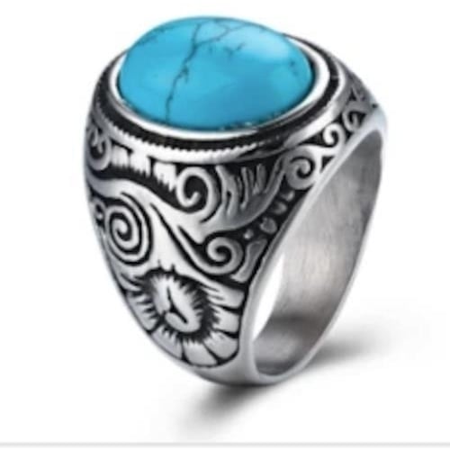 TURQUOISE STONE  STAINLESS STEEL RING  add size to note  BRX011 blue vintage Image 1