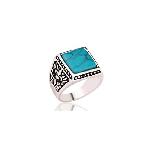 Square Turquoise engraved real stone sterling plated ring BRX027 blue BRX027 Image 1