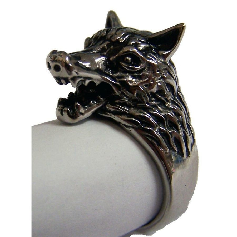 WOLF SHOWING TEETH STAINLESS STEEL RING size 7 silver metal S-505 unisex wolves Image 1