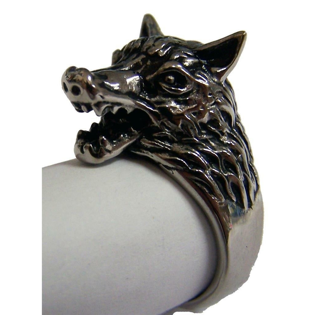 WOLF SHOWING TEETH STAINLESS STEEL RING size 10 silver metal S-505 unisex wolves Image 1