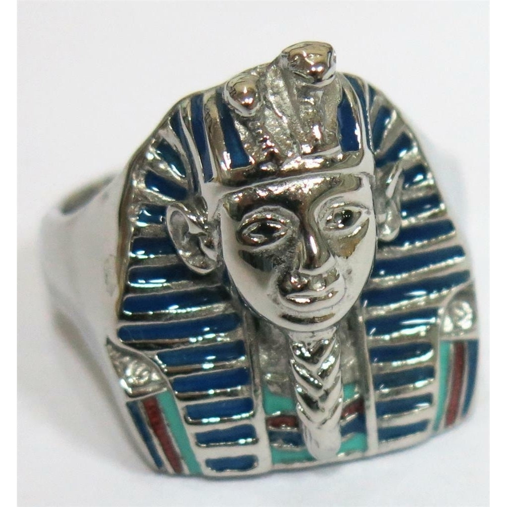 KING TUT PHARAOH STAINLESS STEEL RING size 7 silver metal S-508 unisex EGYPTIAN Image 1