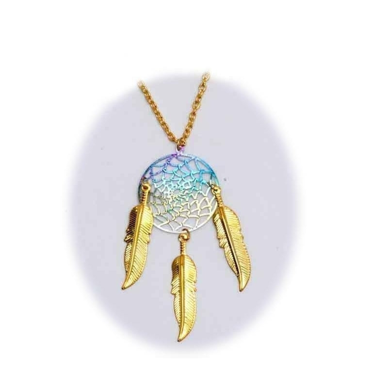 2 PC  18 INCH METAL DREAM CATCHER RAINBOW NECKLACE WGOLD FEATHERS jl669 jewelry Image 1