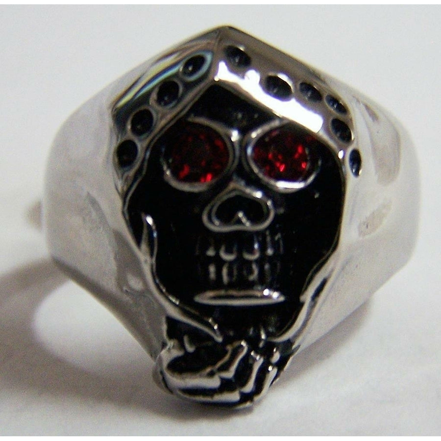 GRIM REAPER RED CRYSTAL EYES STAINLESS STEEL RING size 14 silver metal S-519 Image 1