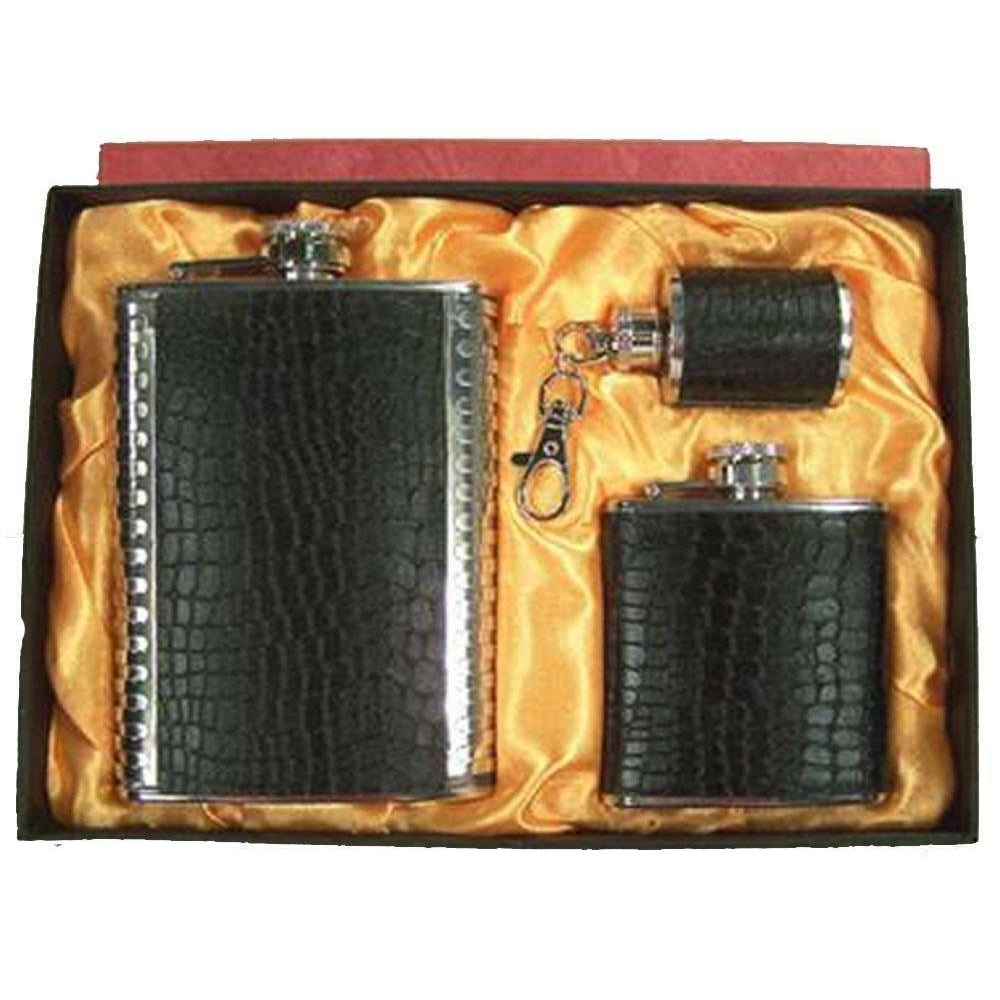 BLACK 3 PC SIZES LEATHER FLASK GIFT SET key chain DRINKING HIP GI410 LIQUOR Image 1