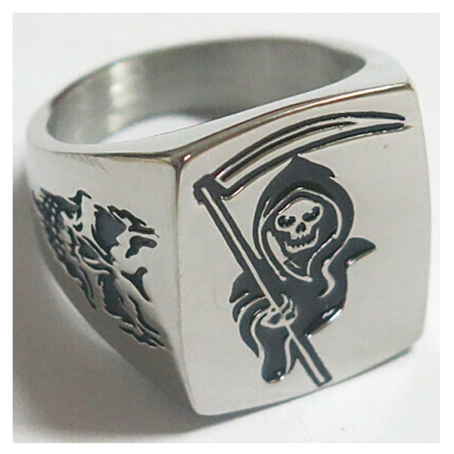 GRIM REAPER SICKLE STAINLESS STEEL RING size10 silver metal S-510 skull face Image 1