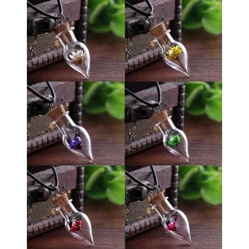 6 PACK OF Real Dried Flower Clear Mini Glass Bottle Vial Cork Necklaces ladies Image 1