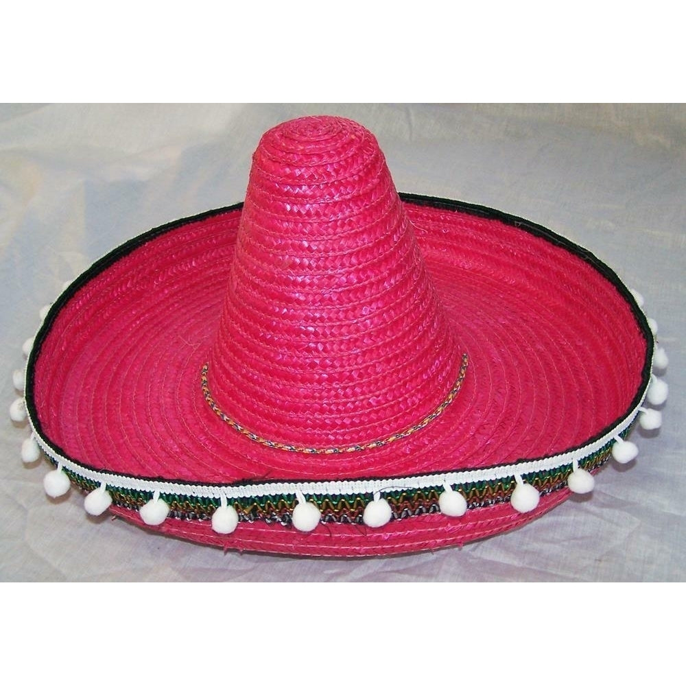 LARGE TALL MEXICAN PINK STRAW SOMBRERO HAT WITH HANGING TASSELS mexico wide cap Image 1