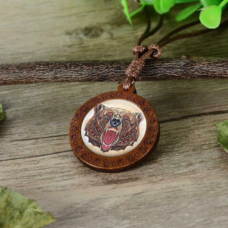Bear Head Wood Prism 3D Like Animal Necklace On Adjustable Wax Rope Necklace 662 Image 1