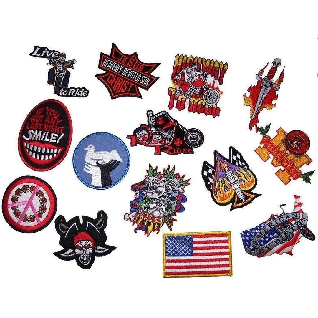 GRAB BAG OF 10 PIECES ASSORTED BIKER AND NOVELTY DESIGN PATCHES patch closeout Image 1