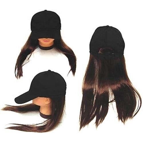 LONG BROWN FAKE LONG HAIR BASEBALL CAP costume hats ball caps gag NOVELTY HAT Image 1