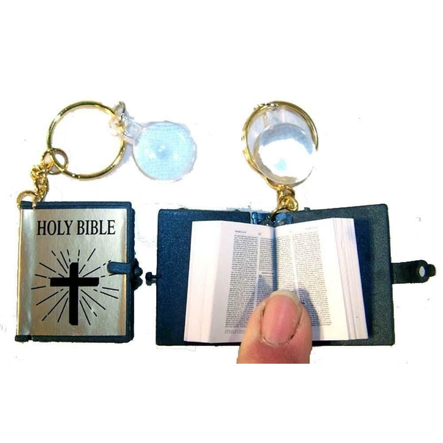 2 MINI GOLD BIBLE KEY CHAINS religious book small novelty keychain magnifer Image 1