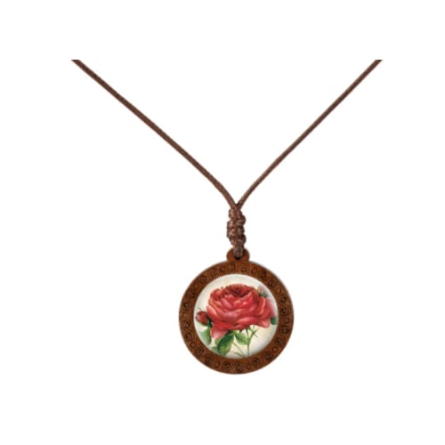 Red Rose Flower Wood Prism Necklace Wax Rope Necklace vintage 722 cottage Image 1
