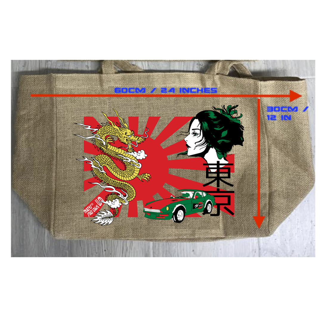 TOKYO SUN BURLAP TOTE BAG 964 japan dragon car reusable art woman Image 3