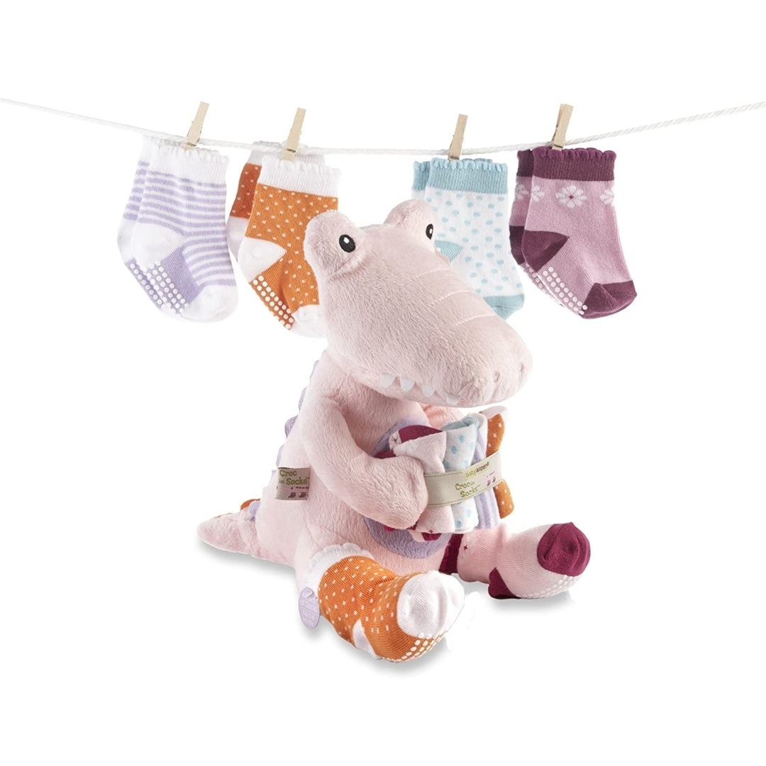 Baby Aspen Croc in Socks Plush Toy and Baby Socks Gift Set Pink Image 1