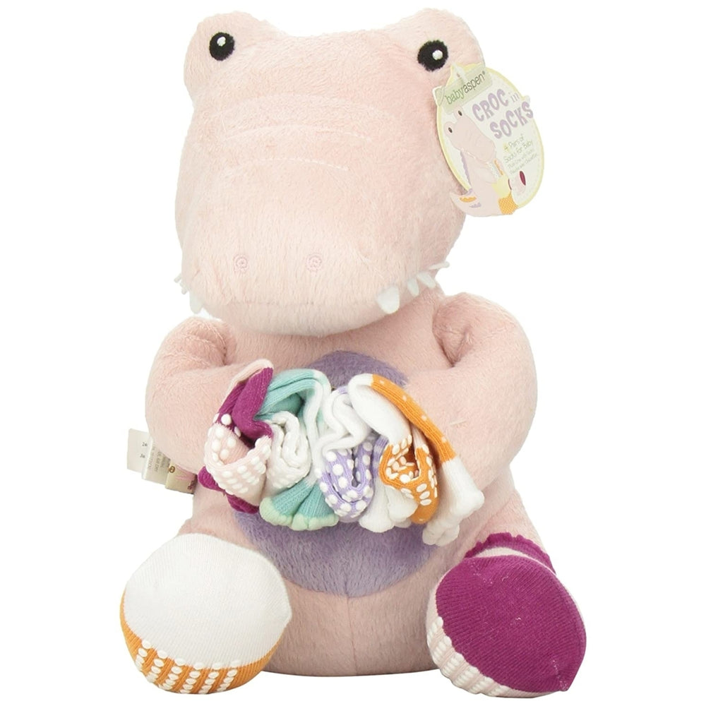 Baby Aspen Croc in Socks Plush Toy and Baby Socks Gift Set Pink Image 2