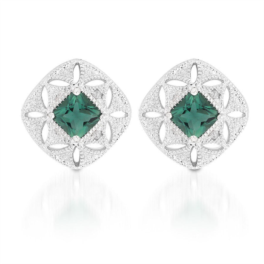 Created emerald and diamond Accent Earrings in Sterling Silver Image 1