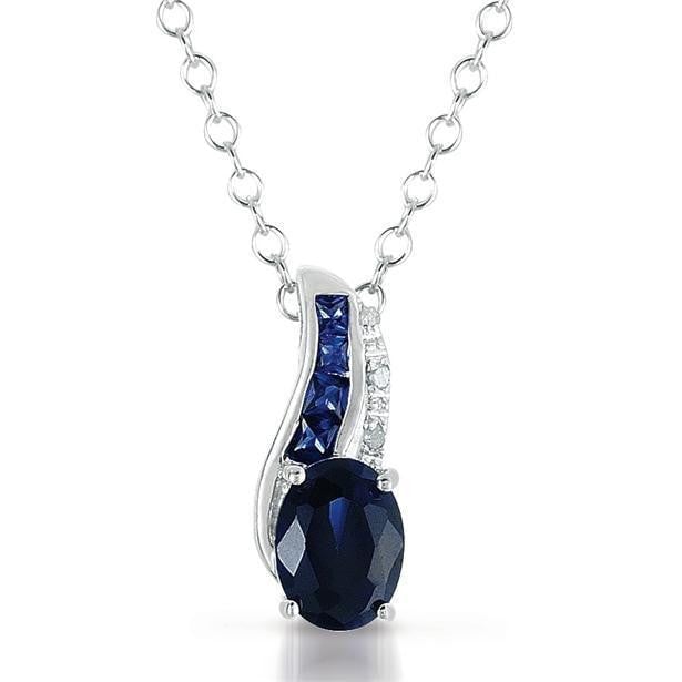 CREATED OVAL AND PRINCESS CUT SAPPHIRE AND DIAMOND PENDANT IN .925 STERLING SILV Image 1