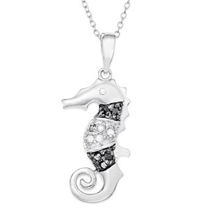 Sterling Silver 1/10ct Genuine Black and White Diamond Seahorse Pendant Image 1