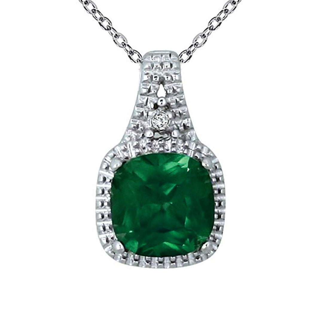 Sterling Silver 2.0CTW Cushion Cut Emerald and Diamond Accent Pendant Image 1